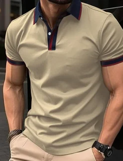 Men's Golf Shirt Golf Polos Shirts Work Casual Lapel Short Sleeve Basic Modern Color Block Patchwork Buttons Summer Spring Regular Fit Apricot Black White Red Blue Orange Golf Shirt