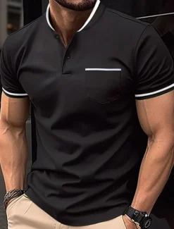 Men's Golf Shirt Golf Polos Shirts Work Casual Stand Collar Short Sleeve Basic Modern Color Block Patchwork Buttons Spring & Summer Regular Fit Wine Black White Sky Blue Khaki Gray Golf Shirt
