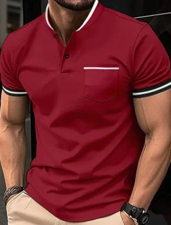 Men's Golf Shirt Golf Polos Shirts Work Casual Stand Collar Short Sleeve Basic Modern Color Block Patchwork Buttons Spring & Summer Regular Fit Wine Black White Sky Blue Khaki Gray Golf Shirt