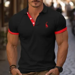 Men's Golf Shirt Golf Polo Work Casual Lapel Short Sleeve Basic Modern Color Block Deer Patchwork Embroidered Spring & Summer Regular Fit Depression Green Black / Orange Black White Red Navy Blue