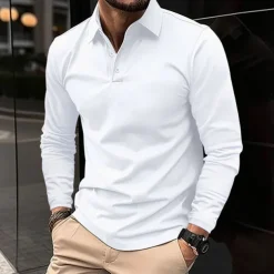 Men's Golf Shirt Golf Polo Work Casual Lapel Long Sleeve Basic Modern Plain Button Spring & Fall Regular Fit Wine Black White Pink Navy Blue Green Golf Shirt