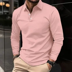 Men's Golf Shirt Golf Polo Work Casual Lapel Long Sleeve Basic Modern Plain Button Spring & Fall Regular Fit Wine Black White Pink Navy Blue Green Golf Shirt