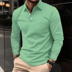 Men's Golf Shirt Golf Polo Work Casual Lapel Long Sleeve Basic Modern Plain Button Spring & Fall Regular Fit Wine Black White Pink Navy Blue Green Golf Shirt