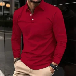 Men's Golf Shirt Golf Polo Work Casual Lapel Long Sleeve Basic Modern Plain Button Spring & Fall Regular Fit Wine Black White Pink Navy Blue Green Golf Shirt