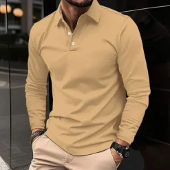 Men's Golf Shirt Golf Polo Work Casual Lapel Long Sleeve Basic Modern Plain Button Spring & Fall Regular Fit Wine Black White Pink Navy Blue Green Golf Shirt