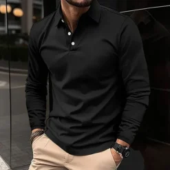 Men's Golf Shirt Golf Polo Work Casual Lapel Long Sleeve Basic Modern Plain Button Spring & Fall Regular Fit Wine Black White Pink Navy Blue Green Golf Shirt