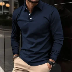 Men's Golf Shirt Golf Polo Work Casual Lapel Long Sleeve Basic Modern Plain Button Spring & Fall Regular Fit Wine Black White Pink Navy Blue Green Golf Shirt