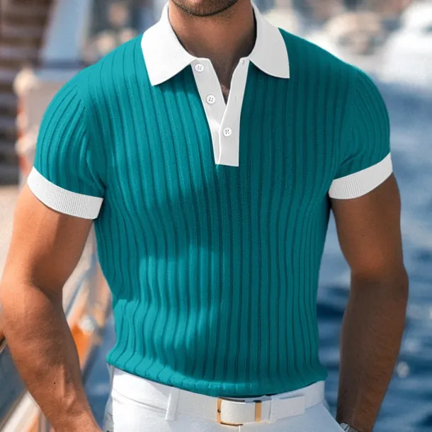Men's Golf Shirt Knit Polo Work Casual Ribbed Polo Collar Classic Short Sleeve Basic Modern Color Block Ribbed Spring & Summer Regular Fit White Yellow Blue Green Gray Golf Shirt