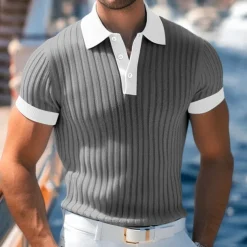 Men's Golf Shirt Knit Polo Work Casual Ribbed Polo Collar Classic Short Sleeve Basic Modern Color Block Ribbed Spring & Summer Regular Fit White Yellow Blue Green Gray Golf Shirt