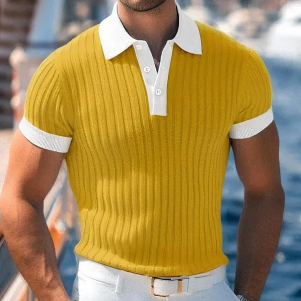 Men's Golf Shirt Knit Polo Work Casual Ribbed Polo Collar Classic Short Sleeve Basic Modern Color Block Ribbed Spring & Summer Regular Fit White Yellow Blue Green Gray Golf Shirt