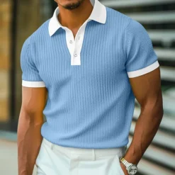 Men's Golf Shirt Knit Polo Work Casual Ribbed Polo Collar Classic Short Sleeve Basic Modern Color Block Ribbed Spring & Summer Regular Fit White Yellow Blue Green Gray Golf Shirt