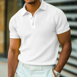 Men's Golf Shirt Knit Polo Work Casual Ribbed Polo Collar Classic Short Sleeve Basic Modern Color Block Ribbed Spring & Summer Regular Fit White Yellow Blue Green Gray Golf Shirt