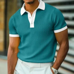 Men's Golf Shirt Knit Polo Work Casual Ribbed Polo Collar Classic Short Sleeve Basic Modern Color Block Ribbed Spring & Summer Regular Fit White Yellow Blue Green Gray Golf Shirt