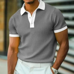 Men's Golf Shirt Knit Polo Work Casual Ribbed Polo Collar Classic Short Sleeve Basic Modern Color Block Ribbed Spring & Summer Regular Fit White Yellow Blue Green Gray Golf Shirt