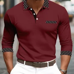 Men's Golf Shirt Pique Polo Shirt Business Casual Turndown Long Sleeve Fashion Basic Solid Color Color Block Patchwork Button Spring & Fall Regular Fit Black White Burgundy Navy Blue Orange Golf