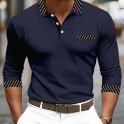 Men's Golf Shirt Pique Polo Shirt Business Casual Turndown Long Sleeve Fashion Basic Solid Color Color Block Patchwork Button Spring & Fall Regular Fit Black White Burgundy Navy Blue Orange Golf