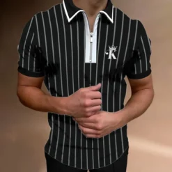 Men's Golf Shirt Polo Street Casual Quarter Zip Short Sleeve Fashion Casual Striped Embroidered Zipper Spring & Summer Regular Fit Black / Gray Wine Royal Blue Golf Shirt