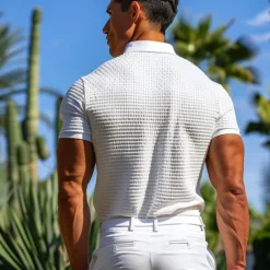 Men's Golf Shirt Waffle Knit Polo Shirt Casual Holiday Lapel Short Sleeve Fashion Old Money Style Plain Button Summer Spring Regular Fit White Light Blue Golf Shirt