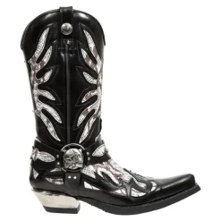 Men's Gothic Cowboy Boots - Black and Silver Snakeskin Faux Leather Western Boots with Flame Cutout Design and Metal Heel for Rock, Biker, and Party Events
