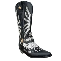 Men's Gothic Cowboy Boots - Black and Silver Snakeskin Faux Leather Western Boots with Flame Cutout Design and Metal Heel for Rock, Biker, and Party Events