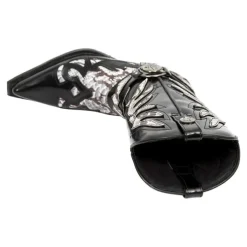 Men's Gothic Cowboy Boots - Black and Silver Snakeskin Faux Leather Western Boots with Flame Cutout Design and Metal Heel for Rock, Biker, and Party Events