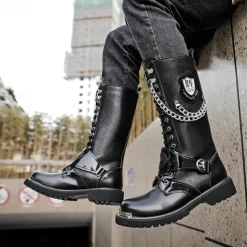Men's Gothic Punk Motorcycle Boots with Chains and Metal Details - Rugged and Stylish Combat Boots for Biker Events and Casual Outings