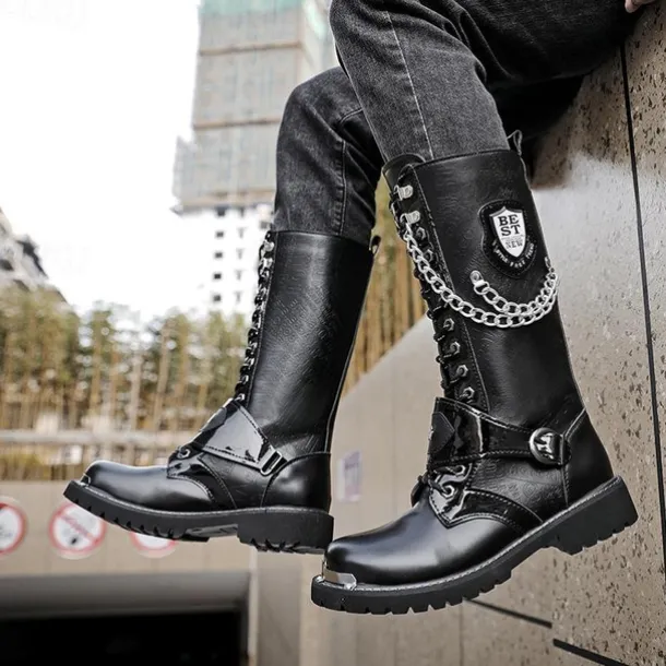Men's Gothic Punk Motorcycle Boots with Chains and Metal Details - Rugged and Stylish Combat Boots for Biker Events and Casual Outings