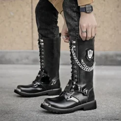 Men's Gothic Punk Motorcycle Boots with Chains and Metal Details - Rugged and Stylish Combat Boots for Biker Events and Casual Outings