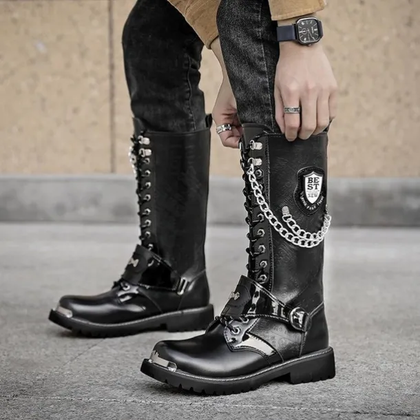 Men's Gothic Punk Motorcycle Boots with Chains and Metal Details - Rugged and Stylish Combat Boots for Biker Events and Casual Outings