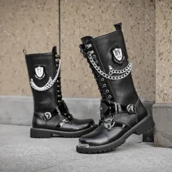 Men's Gothic Punk Motorcycle Boots with Chains and Metal Details - Rugged and Stylish Combat Boots for Biker Events and Casual Outings