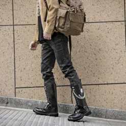Men's Gothic Punk Motorcycle Boots with Chains and Metal Details - Rugged and Stylish Combat Boots for Biker Events and Casual Outings