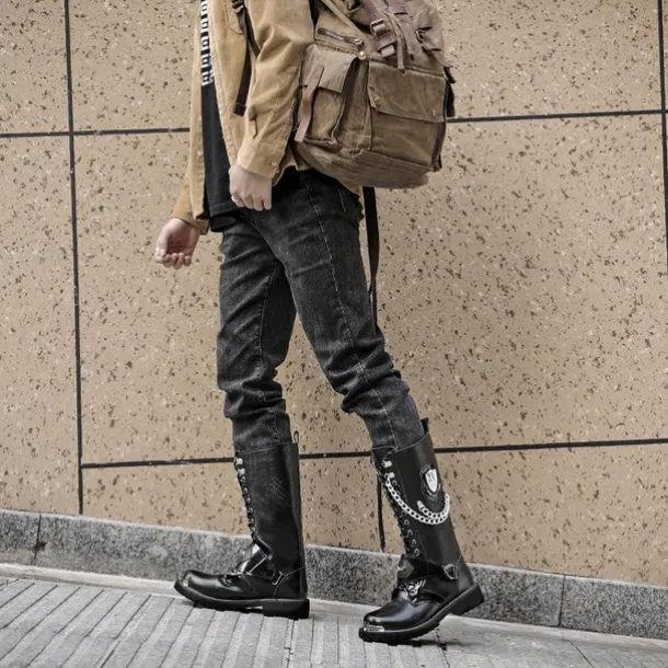 Men's Gothic Punk Motorcycle Boots with Chains and Metal Details - Rugged and Stylish Combat Boots for Biker Events and Casual Outings