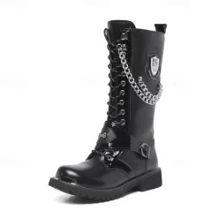 Men's Gothic Punk Motorcycle Boots with Chains and Metal Details - Rugged and Stylish Combat Boots for Biker Events and Casual Outings