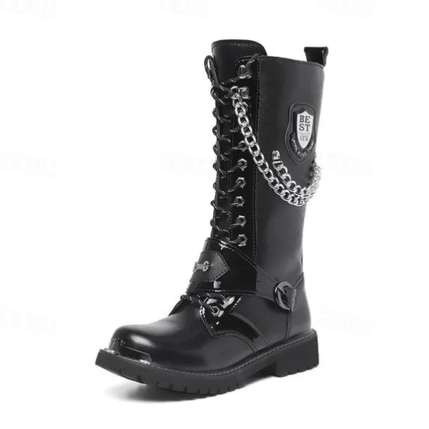 Men's Gothic Punk Motorcycle Boots with Chains and Metal Details - Rugged and Stylish Combat Boots for Biker Events and Casual Outings