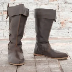 Men's Gothic Renaissance Style Black Fold-Over Knee-High Boots with Lace-Up Back, Ideal for Costume Parties and Medieval Reenactments