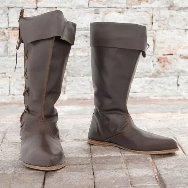 Men's Gothic Renaissance Style Black Fold-Over Knee-High Boots with Lace-Up Back, Ideal for Costume Parties and Medieval Reenactments