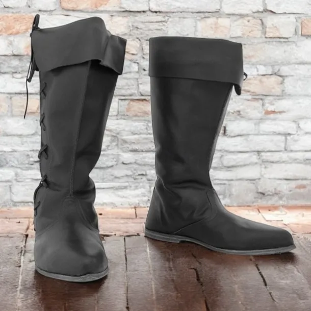Men's Gothic Renaissance Style Black Fold-Over Knee-High Boots with Lace-Up Back, Ideal for Costume Parties and Medieval Reenactments