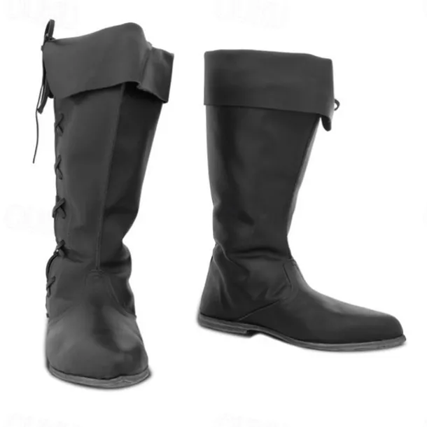 Men's Gothic Renaissance Style Black Fold-Over Knee-High Boots with Lace-Up Back, Ideal for Costume Parties and Medieval Reenactments