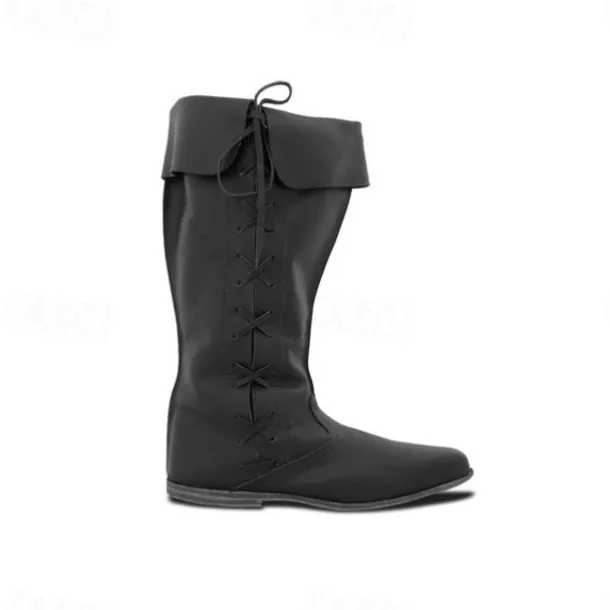 Men's Gothic Renaissance Style Black Fold-Over Knee-High Boots with Lace-Up Back, Ideal for Costume Parties and Medieval Reenactments