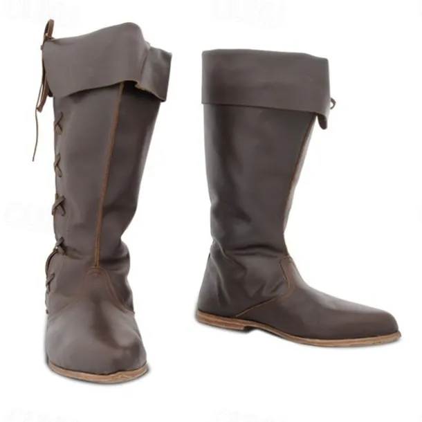 Men's Gothic Renaissance Style Black Fold-Over Knee-High Boots with Lace-Up Back, Ideal for Costume Parties and Medieval Reenactments