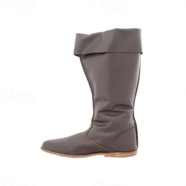 Men's Gothic Renaissance Style Black Fold-Over Knee-High Boots with Lace-Up Back, Ideal for Costume Parties and Medieval Reenactments