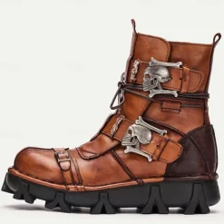 Men's Gothic Steampunk Skull Buckle Combat Boots with Rugged Sole - Vintage Brown Leather Lace-Up Ankle Boots for Bikers and Cosplay