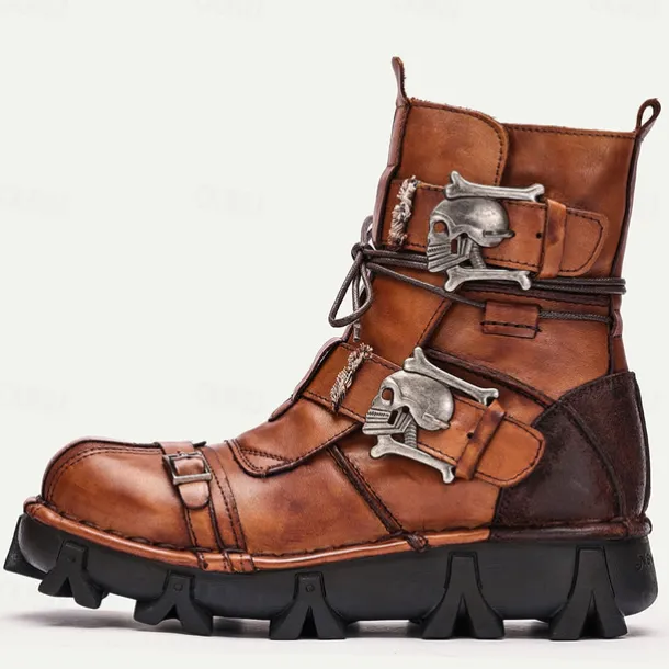 Men's Gothic Steampunk Skull Buckle Combat Boots with Rugged Sole - Vintage Brown Leather Lace-Up Ankle Boots for Bikers and Cosplay