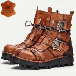 Men's Gothic Steampunk Skull Buckle Combat Boots with Rugged Sole - Vintage Brown Leather Lace-Up Ankle Boots for Bikers and Cosplay
