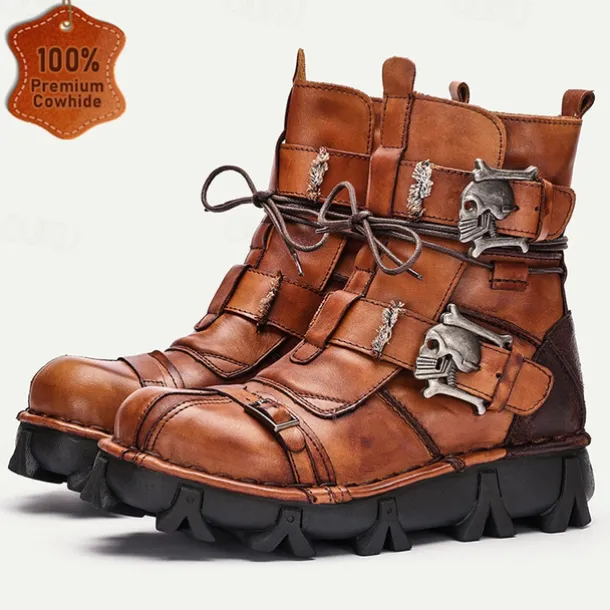 Men's Gothic Steampunk Skull Buckle Combat Boots with Rugged Sole - Vintage Brown Leather Lace-Up Ankle Boots for Bikers and Cosplay