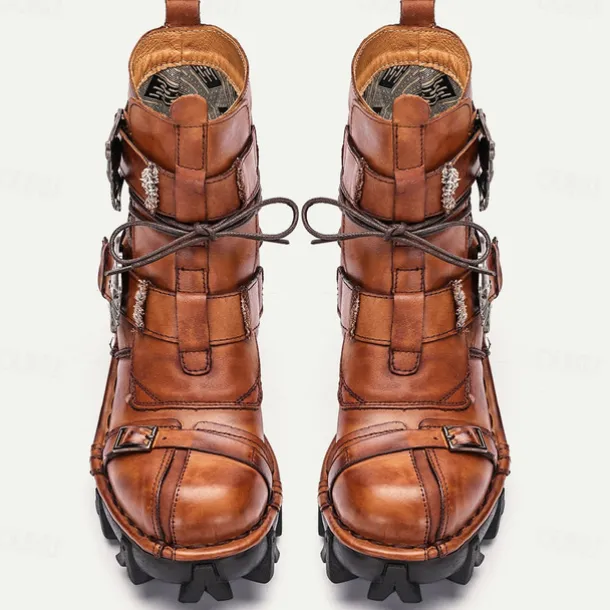 Men's Gothic Steampunk Skull Buckle Combat Boots with Rugged Sole - Vintage Brown Leather Lace-Up Ankle Boots for Bikers and Cosplay
