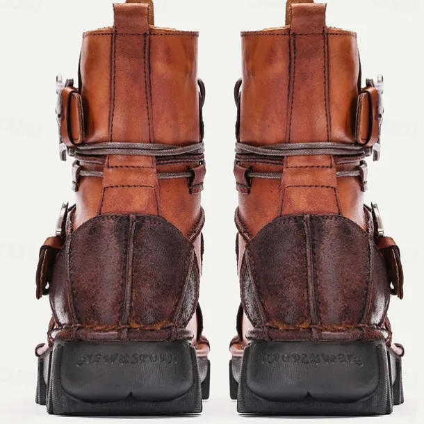 Men's Gothic Steampunk Skull Buckle Combat Boots with Rugged Sole - Vintage Brown Leather Lace-Up Ankle Boots for Bikers and Cosplay