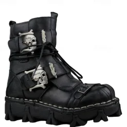 Men's Gothic Steampunk Skull Buckle Combat Boots with Rugged Sole - Vintage Brown Leather Lace-Up Ankle Boots for Bikers and Cosplay
