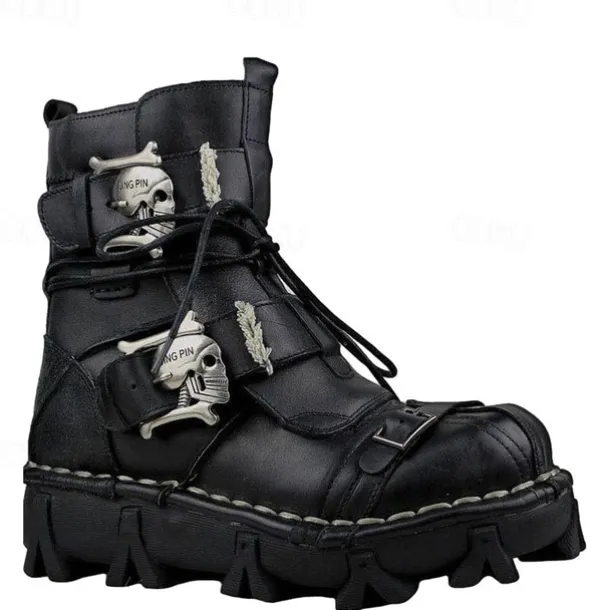Men's Gothic Steampunk Skull Buckle Combat Boots with Rugged Sole - Vintage Brown Leather Lace-Up Ankle Boots for Bikers and Cosplay