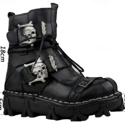 Men's Gothic Steampunk Skull Buckle Combat Boots with Rugged Sole - Vintage Brown Leather Lace-Up Ankle Boots for Bikers and Cosplay